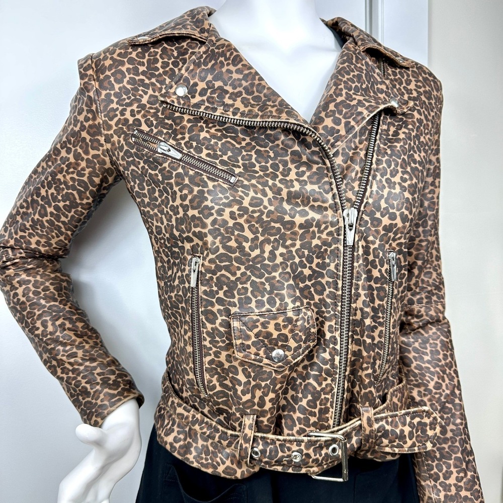 Leopard Print Leather Jacket Small Belted Moto Grunge Edgy Streetwear Festival - Picture 6 of 12